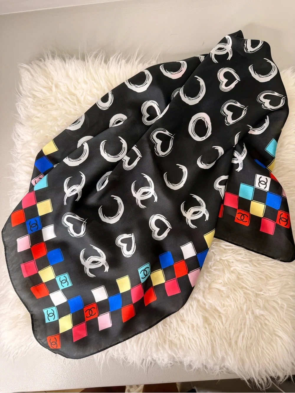 Black Multi-Color Silk-Look Scarf with Logo Motif